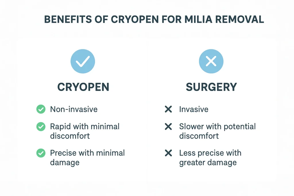 Benefits of cryopen for milia removal Windsor compared to surgical treatments.