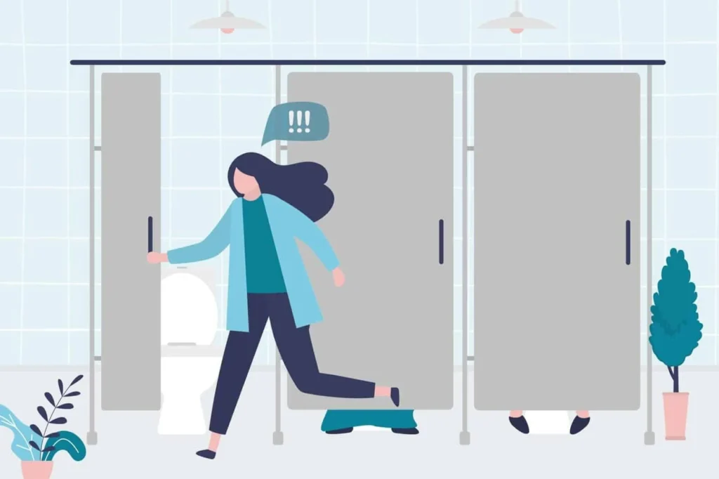 graphic of Urine incontinence Windsor woman running to the toilet.