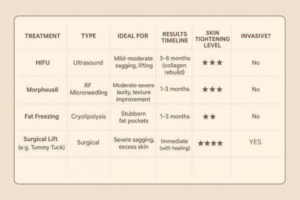 Table showing the comparisons of Skin tightening Windsor treatment options.